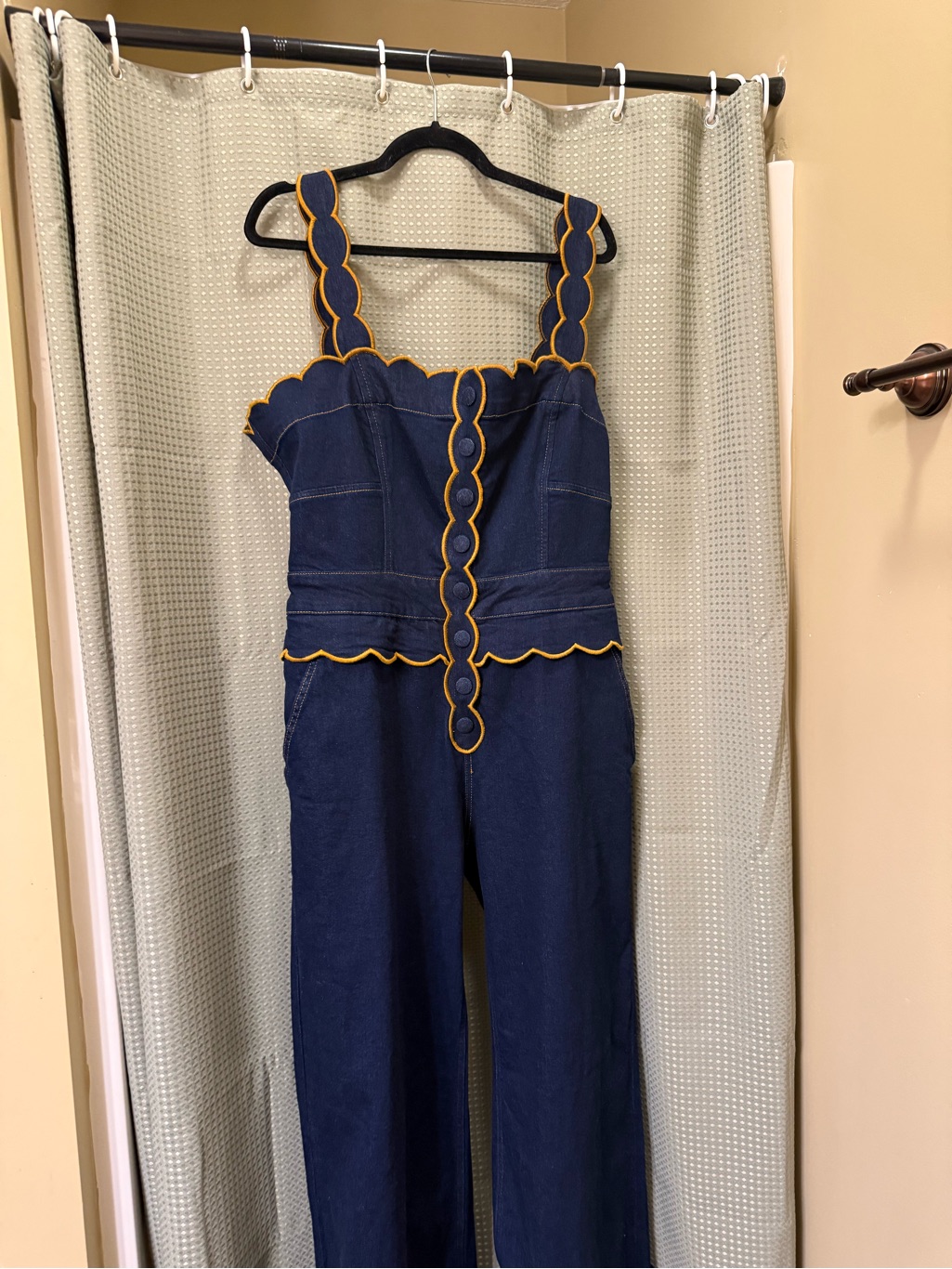 Farm Rio Navy Denim Jumpsuit With Yellow Scallop Trim